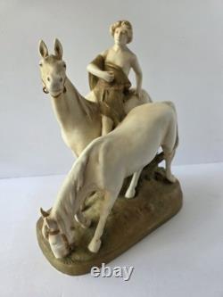 Royal Dux Bohemia Porcelain Figurine Youth With Horses Matte Bisque Art Nouveau