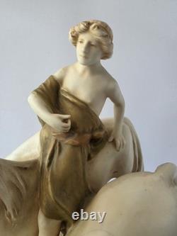 Royal Dux Bohemia Porcelain Figurine Youth With Horses Matte Bisque Art Nouveau