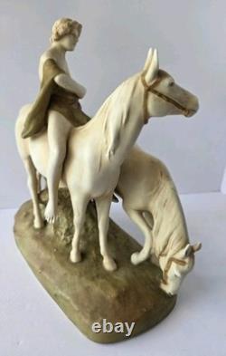 Royal Dux Bohemia Porcelain Figurine Youth With Horses Matte Bisque Art Nouveau