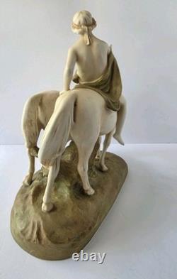 Royal Dux Bohemia Porcelain Figurine Youth With Horses Matte Bisque Art Nouveau