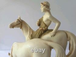 Royal Dux Bohemia Porcelain Figurine Youth With Horses Matte Bisque Art Nouveau