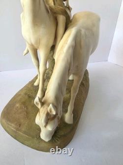 Royal Dux Bohemia Porcelain Figurine Youth With Horses Matte Bisque Art Nouveau