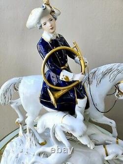 Royal Dux Vintage Large Porcelain Figurine Fox Hunting Horse Rider with Dogs