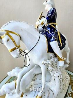 Royal Dux Vintage Large Porcelain Figurine Fox Hunting Horse Rider with Dogs