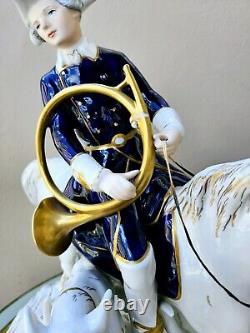 Royal Dux Vintage Large Porcelain Figurine Fox Hunting Horse Rider with Dogs