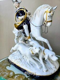 Royal Dux Vintage Large Porcelain Figurine Fox Hunting Horse Rider with Dogs