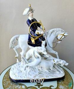 Royal Dux Vintage Large Porcelain Figurine Fox Hunting Horse Rider with Dogs