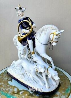 Royal Dux Vintage Large Porcelain Figurine Fox Hunting Horse Rider with Dogs