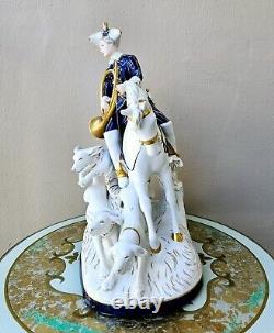 Royal Dux Vintage Large Porcelain Figurine Fox Hunting Horse Rider with Dogs