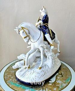 Royal Dux Vintage Large Porcelain Figurine Fox Hunting Horse Rider with Dogs