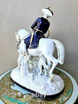 Royal Dux Vintage Large Porcelain Figurine Fox Hunting Horse Rider with Dogs