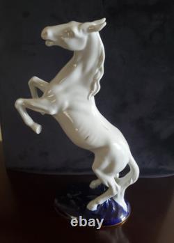 Royal Dux Vintage Rearing White Horse Figurine Cobalt Blue Base & Gold Accents