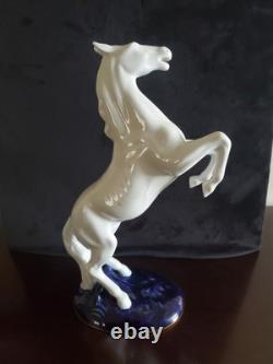 Royal Dux Vintage Rearing White Horse Figurine Cobalt Blue Base & Gold Accents