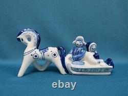 Russia USSR Porcelain Horse Sleigh Hand-painted Figurine Gzhel Blue & White
