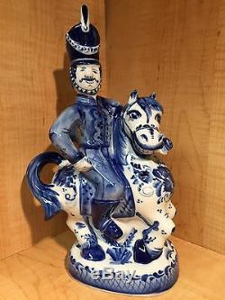 Russian Gzhel Decanter 4 Vodka Hussar Horse Flower Porcelain Figurine Hand Made