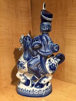 Russian Gzhel Decanter 4 Vodka Hussar Horse Flower Porcelain Figurine Hand Made