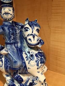 Russian Gzhel Decanter 4 Vodka Hussar Horse Flower Porcelain Figurine Hand Made