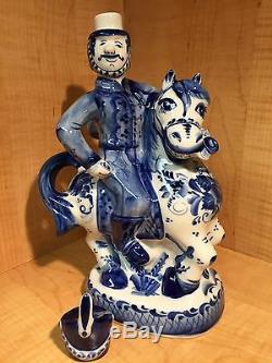 Russian Gzhel Decanter 4 Vodka Hussar Horse Flower Porcelain Figurine Hand Made