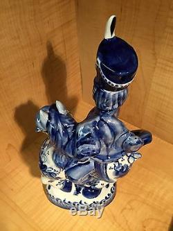 Russian Gzhel Decanter 4 Vodka Hussar Horse Flower Porcelain Figurine Hand Made