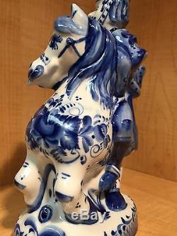 Russian Gzhel Decanter 4 Vodka Hussar Horse Flower Porcelain Figurine Hand Made