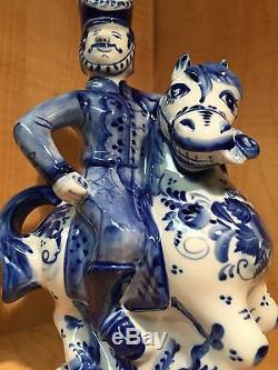 Russian Gzhel Decanter 4 Vodka Hussar Horse Flower Porcelain Figurine Hand Made