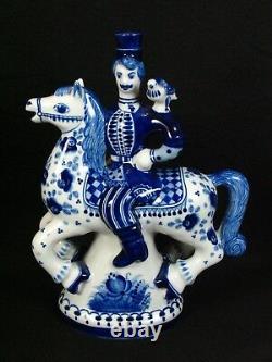 Russian Gzhel Decanter Solder On Horse Porcelain Figurine White Blue Floral