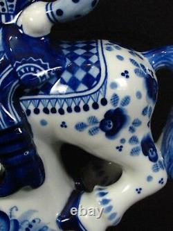 Russian Gzhel Decanter Solder On Horse Porcelain Figurine White Blue Floral