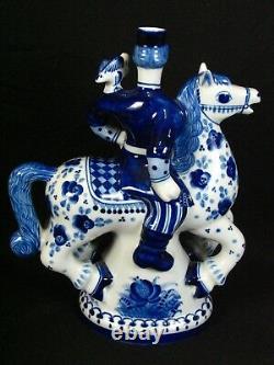 Russian Gzhel Decanter Solder On Horse Porcelain Figurine White Blue Floral