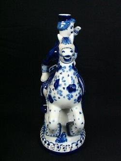Russian Gzhel Decanter Solder On Horse Porcelain Figurine White Blue Floral