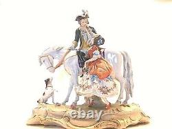 SITZENDORF Antique Porcelain Lady & Man on Horse Figurine 10 Tall Superb