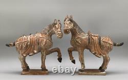 STUNNING MATCHING PAIR ANCIENT TANG DYNASTY STYLE CERAMIC HORSE FIGURINES 20thC