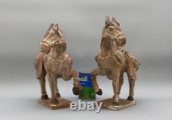 STUNNING MATCHING PAIR ANCIENT TANG DYNASTY STYLE CERAMIC HORSE FIGURINES 20thC