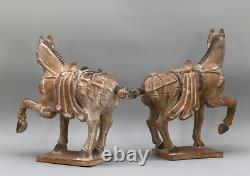 STUNNING MATCHING PAIR ANCIENT TANG DYNASTY STYLE CERAMIC HORSE FIGURINES 20thC