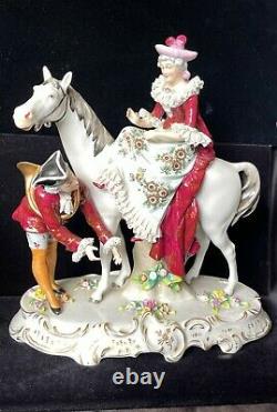 Sitzendorf Figurine Woman on Horse Man with Horn Vintage