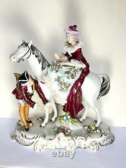 Sitzendorf Figurine Woman on Horse Man with Horn Vintage