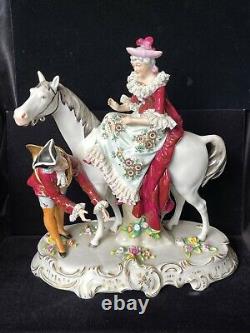 Sitzendorf Figurine Woman on Horse Man with Horn Vintage