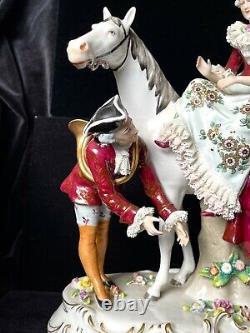 Sitzendorf Figurine Woman on Horse Man with Horn Vintage