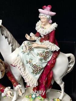 Sitzendorf Figurine Woman on Horse Man with Horn Vintage