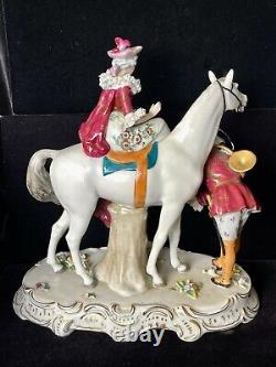 Sitzendorf Figurine Woman on Horse Man with Horn Vintage