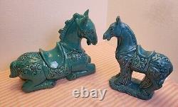 Studio Art Pottery Turquoise Scrollwork Large Percheron Horses 14 7/8 Figurines