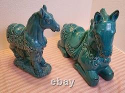 Studio Art Pottery Turquoise Scrollwork Large Percheron Horses 14 7/8 Figurines