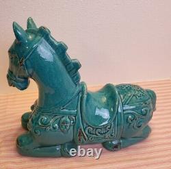 Studio Art Pottery Turquoise Scrollwork Large Percheron Horses 14 7/8 Figurines