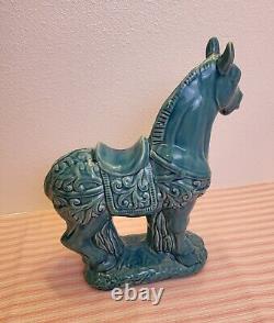 Studio Art Pottery Turquoise Scrollwork Large Percheron Horses 14 7/8 Figurines