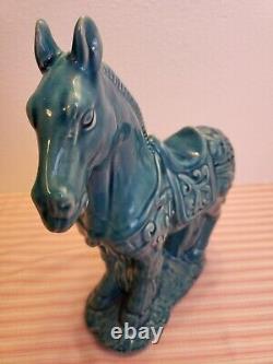 Studio Art Pottery Turquoise Scrollwork Large Percheron Horses 14 7/8 Figurines