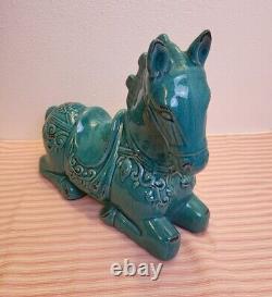 Studio Art Pottery Turquoise Scrollwork Large Percheron Horses 14 7/8 Figurines