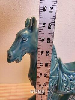 Studio Art Pottery Turquoise Scrollwork Large Percheron Horses 14 7/8 Figurines