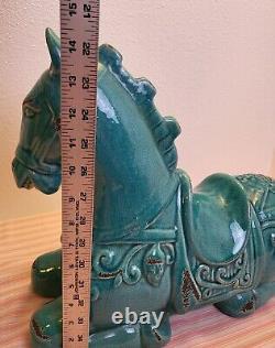 Studio Art Pottery Turquoise Scrollwork Large Percheron Horses 14 7/8 Figurines