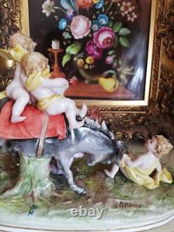 Stunning Capodimonte Five angels playing with horses Italian angel figurine