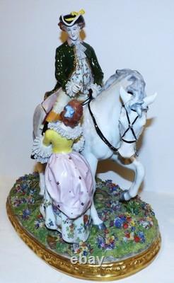 Stunning Large Sitzendorf Germany Porcelain Courting Couple Grey Horse Sculpture