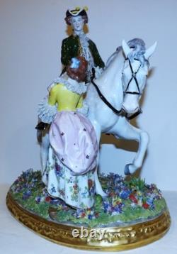 Stunning Large Sitzendorf Germany Porcelain Courting Couple Grey Horse Sculpture